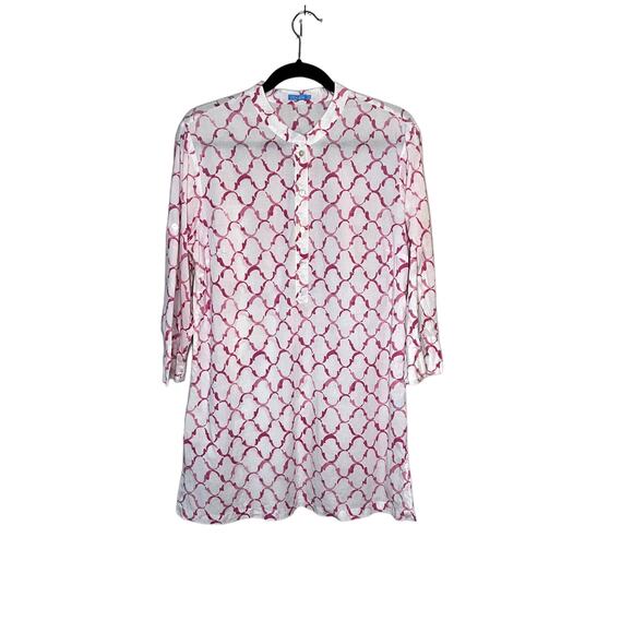 J. McLaughlin Women's size Large white pink roll tab 3/4 sleeve Tunic blouse - Picture 1 of 8